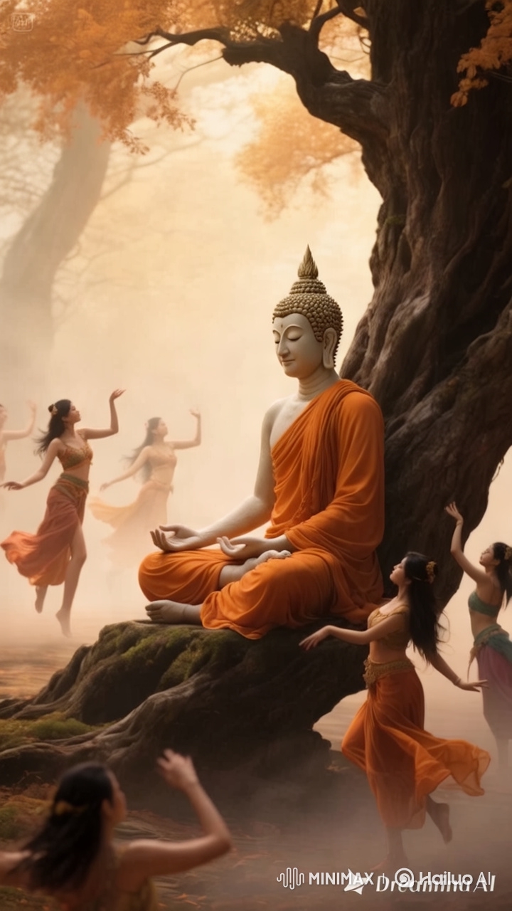 Golden Hour Reverie: Buddha Amidst Mythical Dance