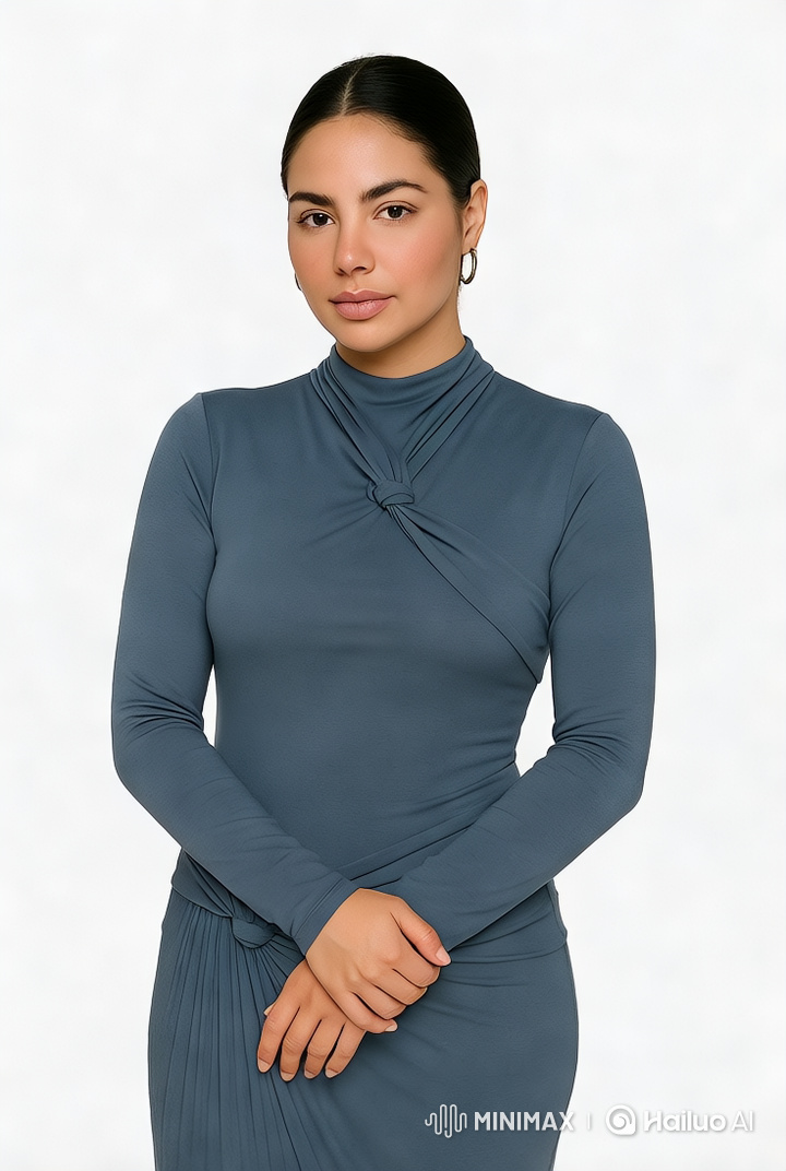 Elegant Woman in Sophisticated Blue Dress with Graceful Movements