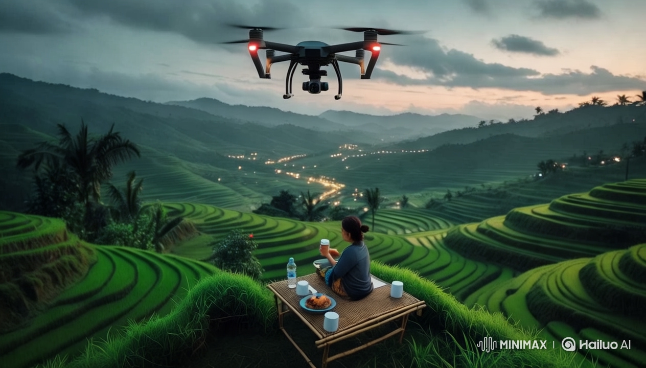 Aerial Drone Captures Serene Rice Terraces and Traditional Meal