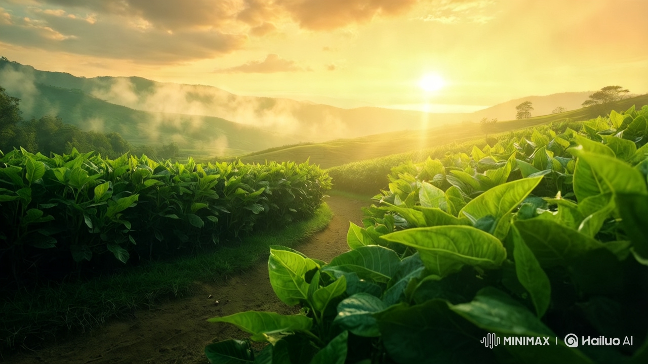 Sunrise Tracking Shot in Tea Plantation