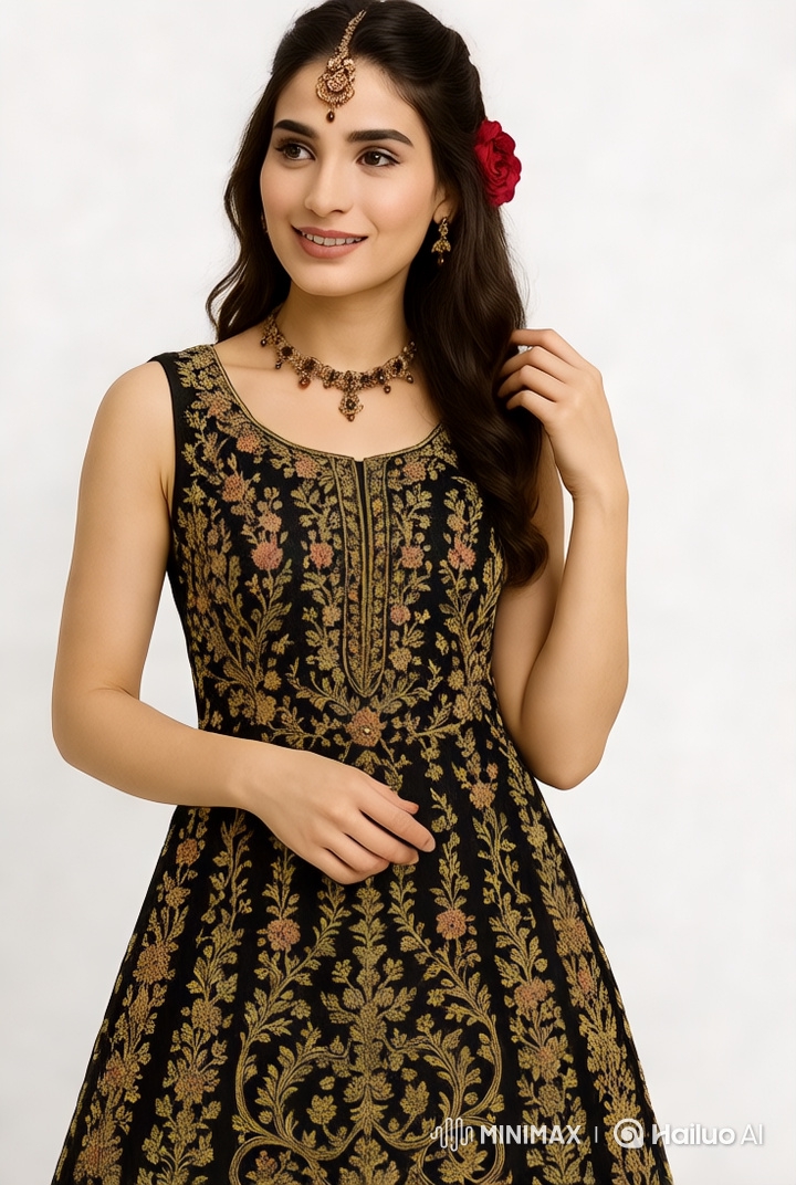 Woman in Embroidered Dress Walks Gracefully