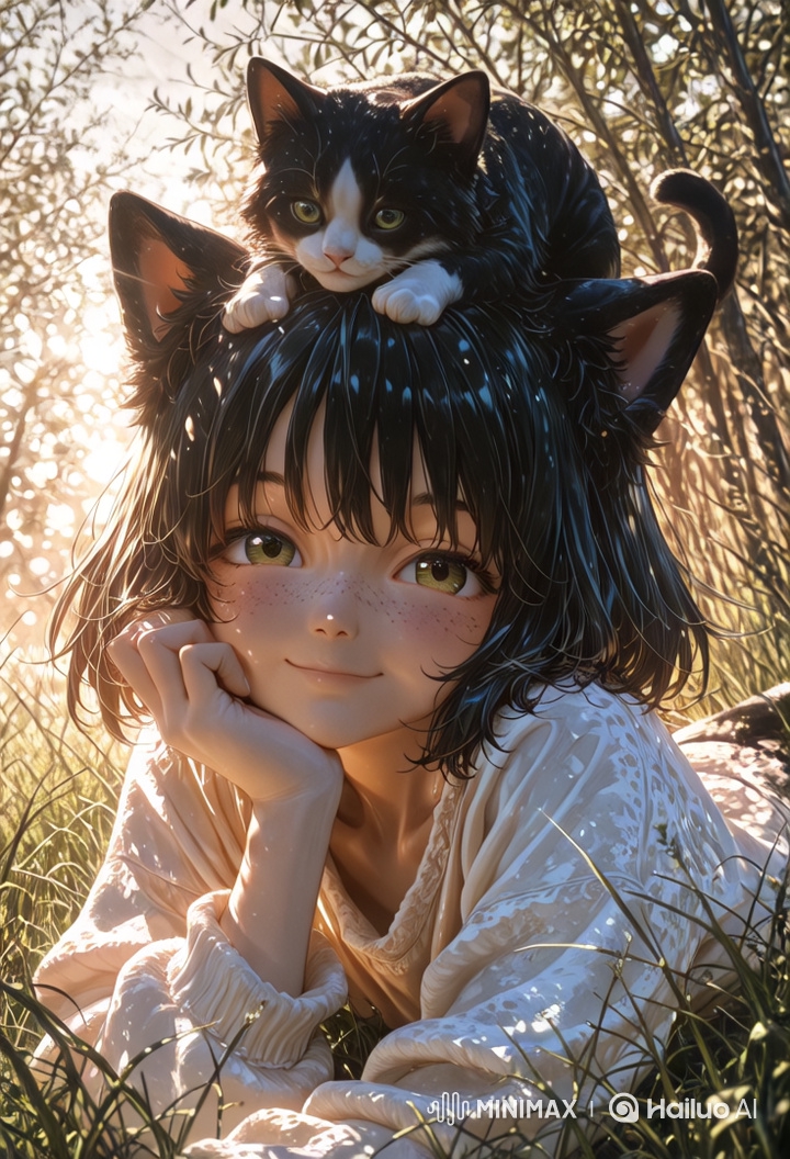 Anime Girl and Cat in Golden Hour Pastoral Scene