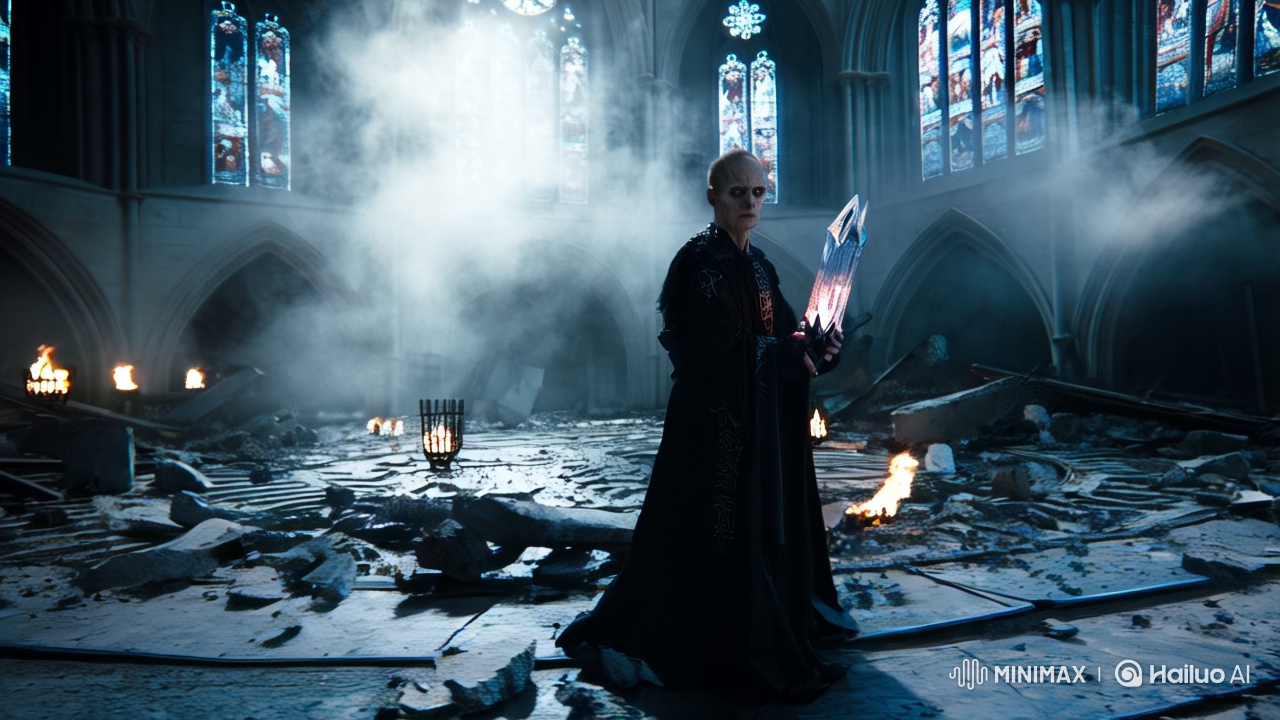 Sorcerer Battles Cerberus in Gothic Cathedral