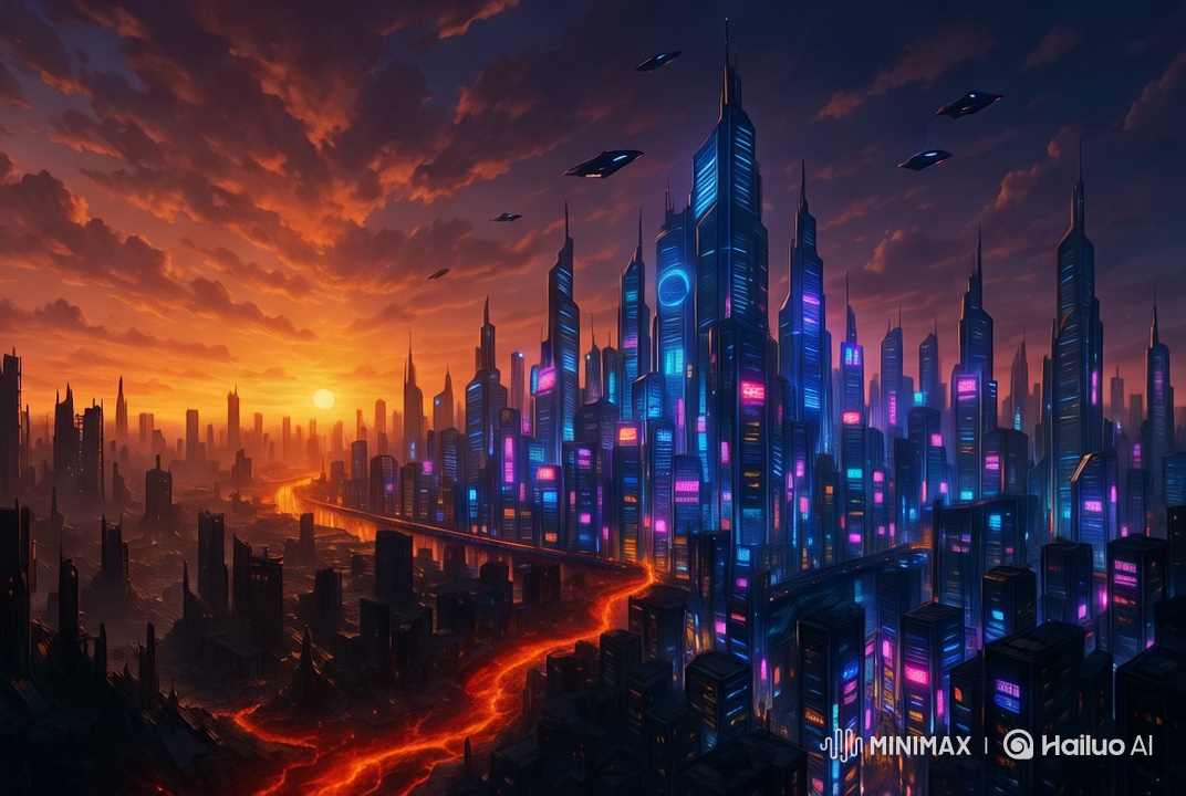 Futuristic Mega City Aerial Pan with Spaceships and Neon Lights