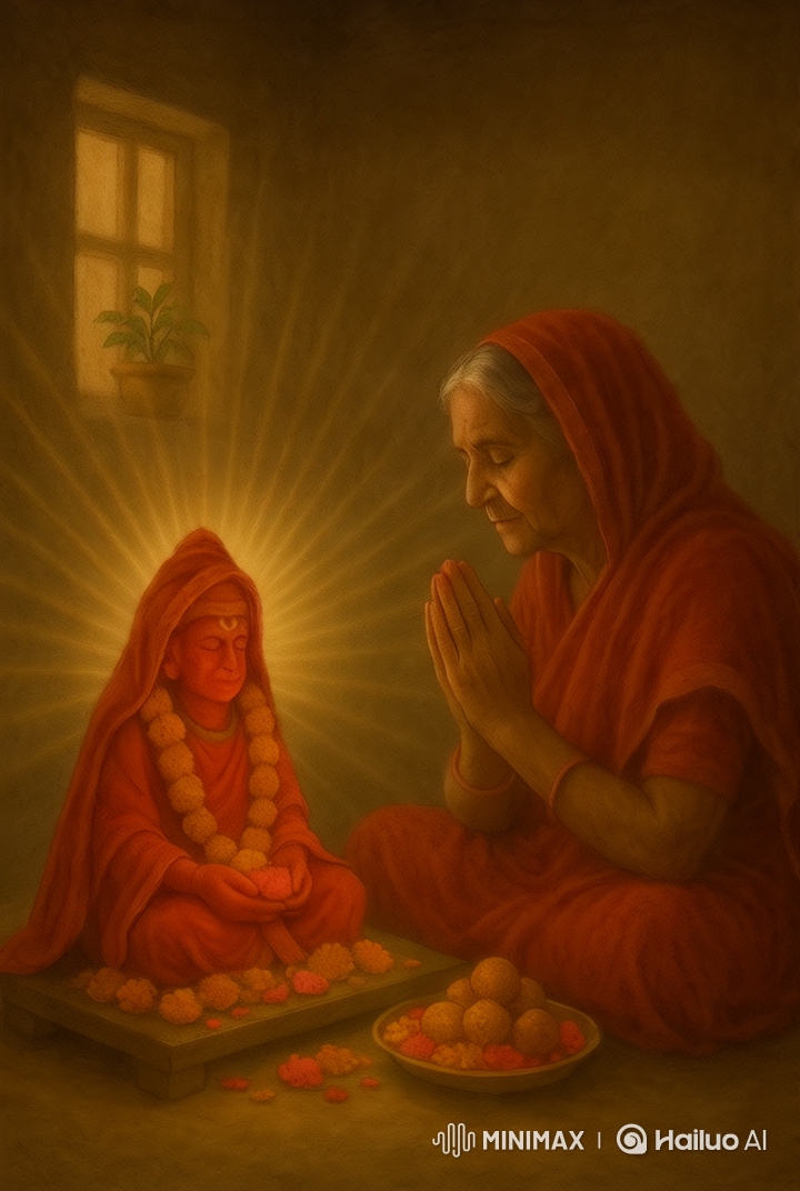 Woman Prays to Hanuman Idol with Flowers and Laddoos