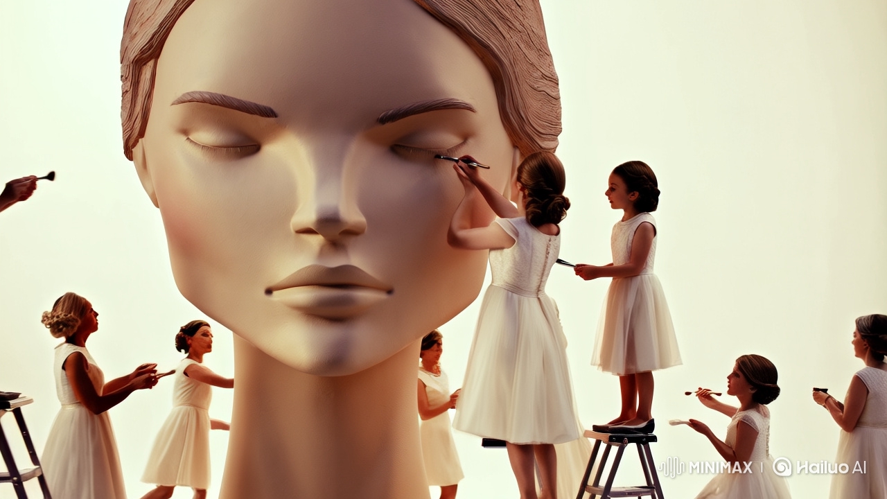 Giant Woman's Face: A Surreal Makeup Artistry Scene