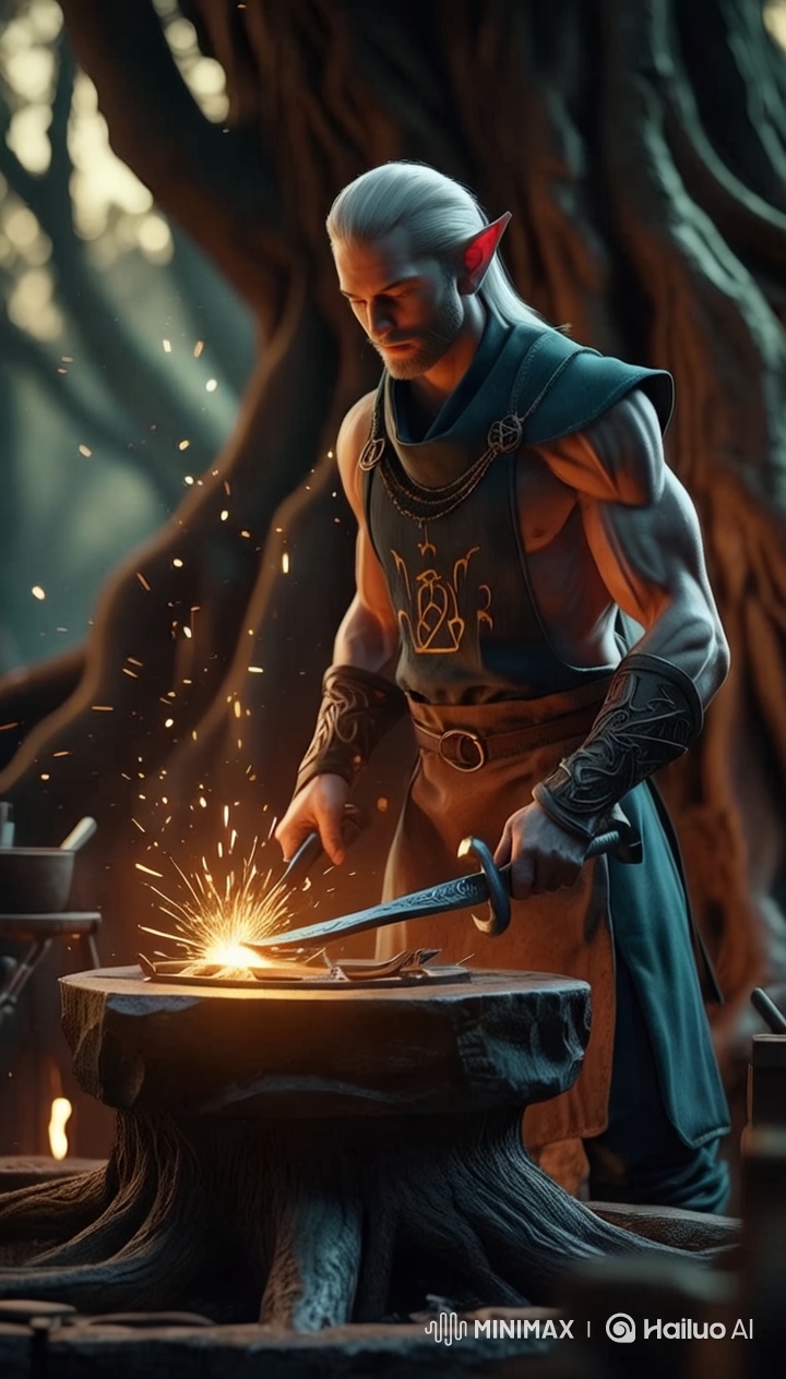 Elven Blacksmith Forging Enchanted Sword in 4K