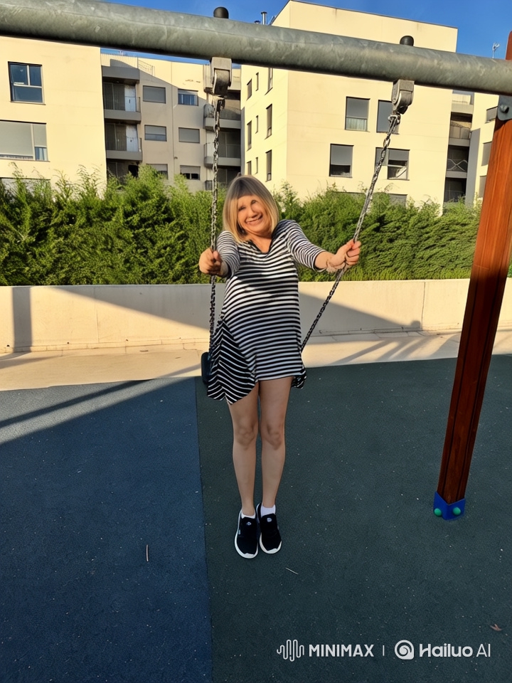 Woman Swings Playfully in Striped Dress
