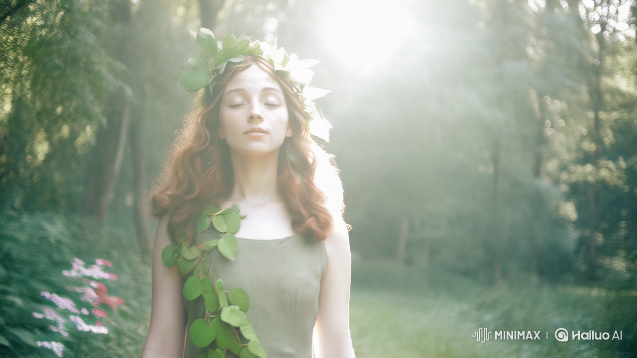 Enchanted Forest Walk by Serene Woman in Green Dress