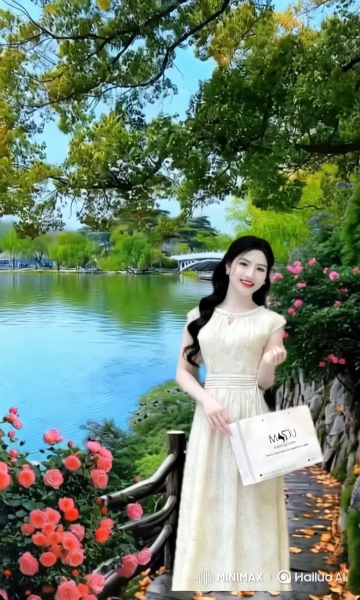 Female Model Walks Along Lakeside in Elegant Dress
