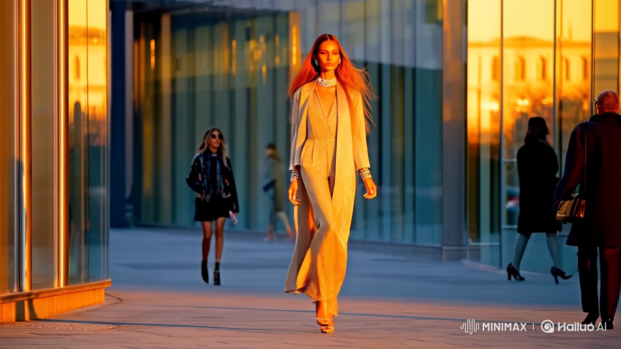 High-Fashion Model Struts in Golden Hour Glamour