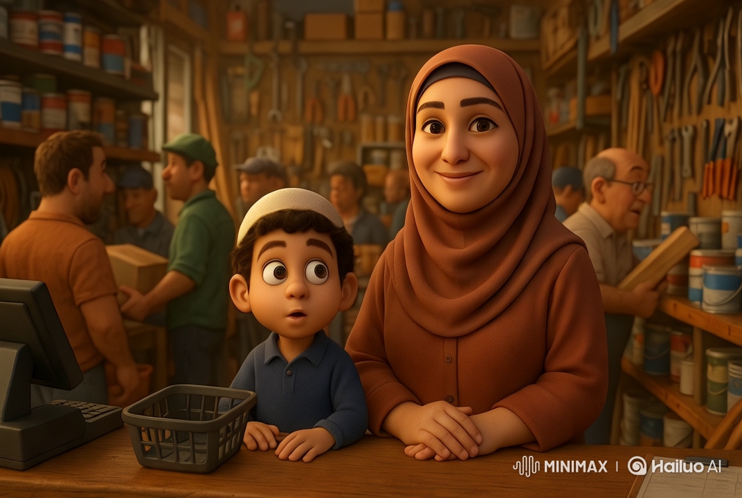 Muslim Woman and Child Embrace Family Pride in Busy Hardware Store
