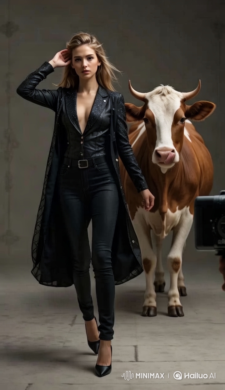 Fashion Photoshoot with Graceful Model and Comical Cow Companion