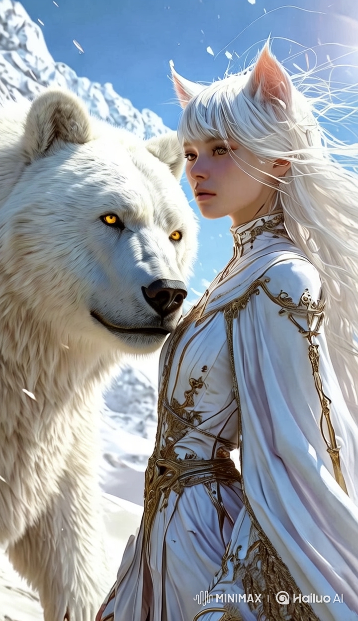 Ethereal Beauty: Girl and Bear in Snowy Mountains