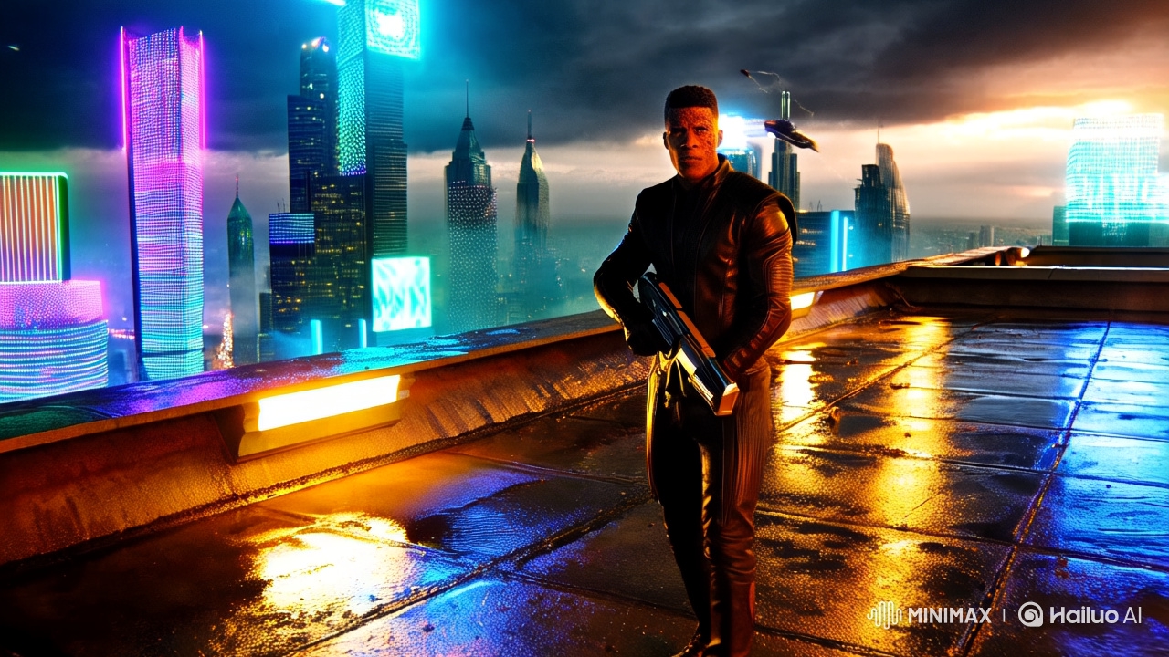Futuristic Hero: Epic Dusk Rooftop Chase in Ultra HD