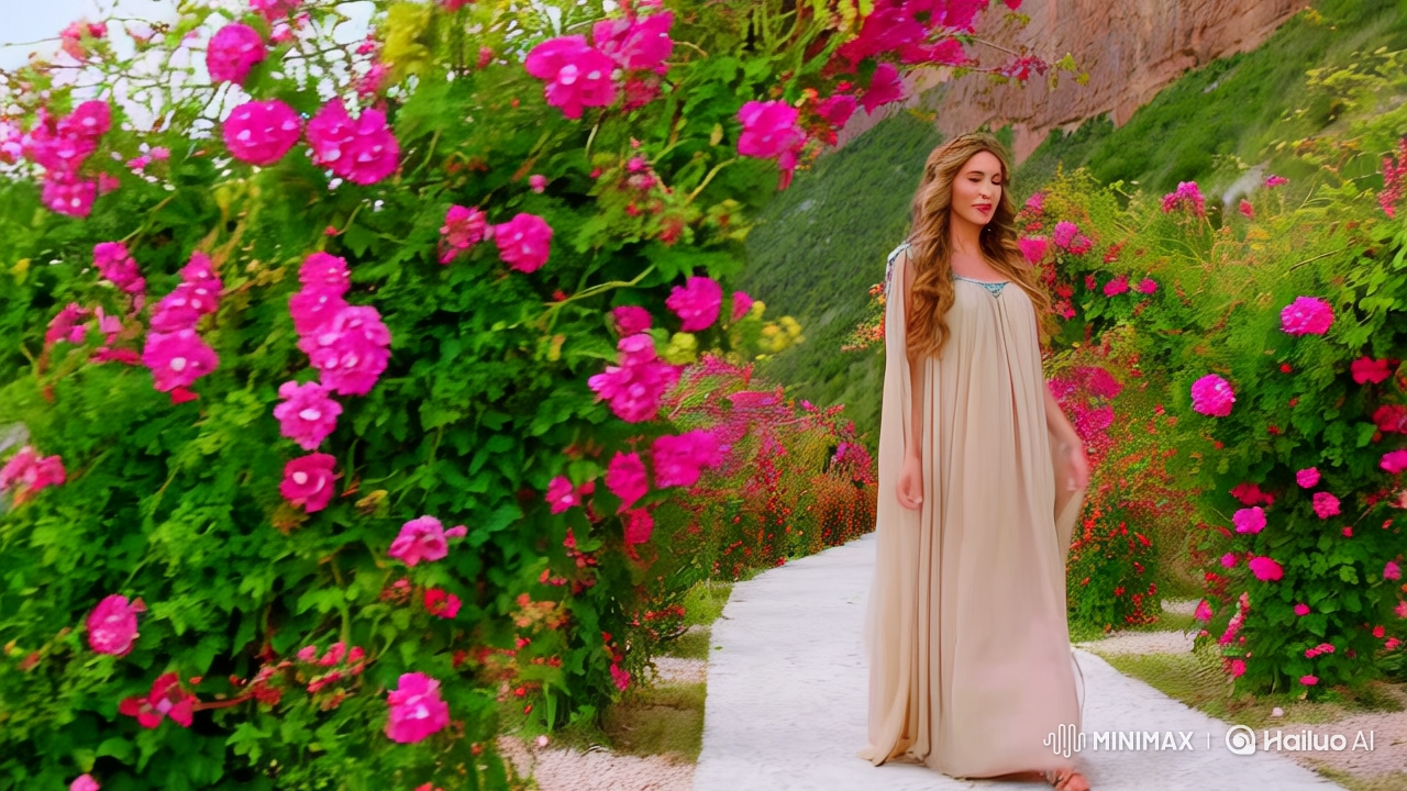 Elegant Woman in Ancient Dress Walks Through Flower Arbor