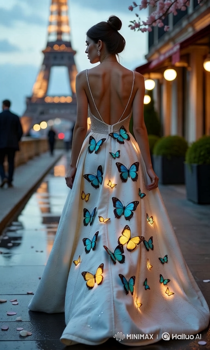 Woman in Gown with Animated Butterflies in Paris or Garden