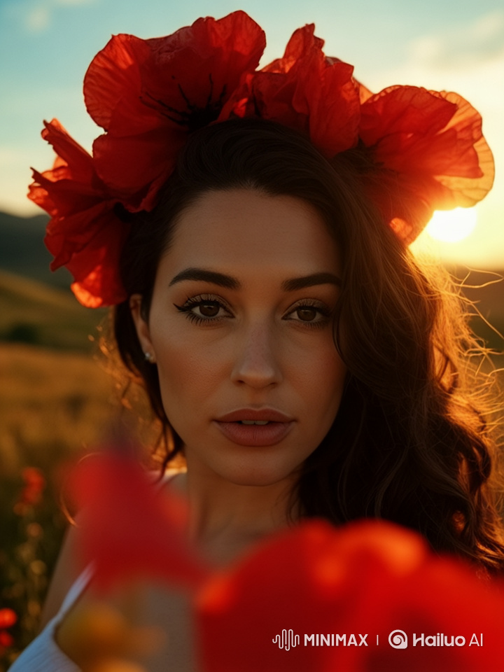 Woman in White Dress Runs Through Blooming Poppies Field