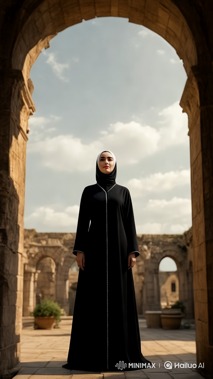Elegant Woman in Abaya Showcases Fashion on Historic Runway