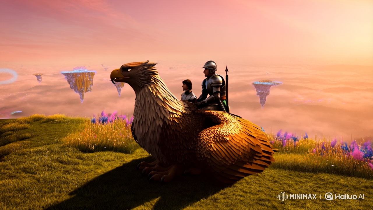Griffin and Master Take Flight in Enchanted Dawn Panorama