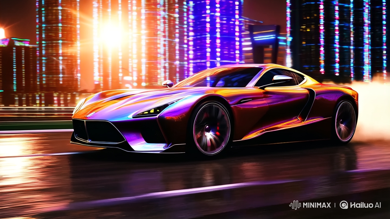Luxury Sports Car Racing Through Futuristic Cityscape