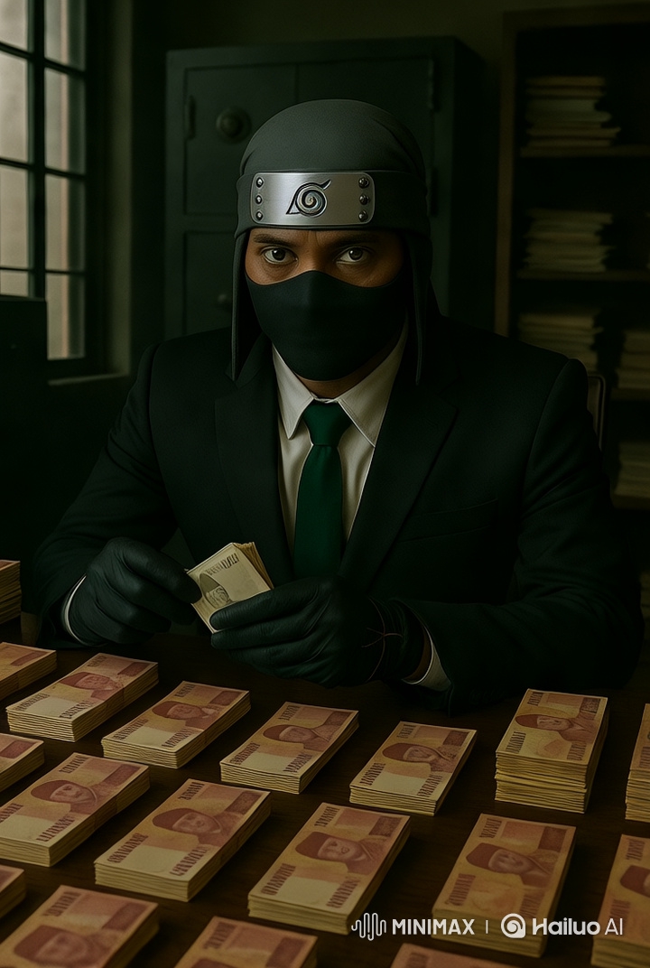 Ninja Counting Cash in Colonial Office Noir Setting