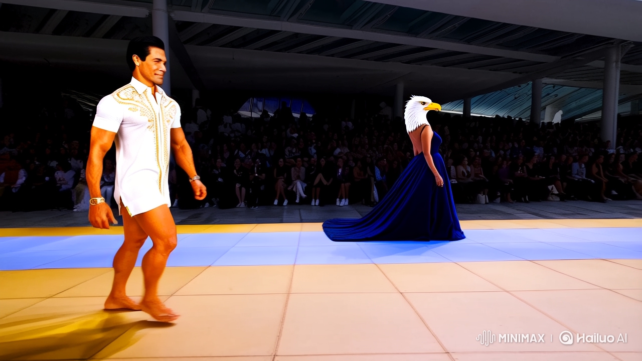 Satirical Fashion Runway with Altered Marcos and Eagle-Headed Woman