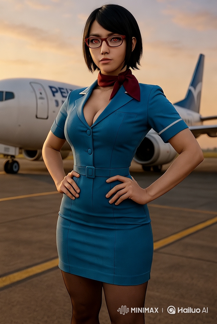 Confident Flight Attendant: Dramatic Sunset Airport Scene