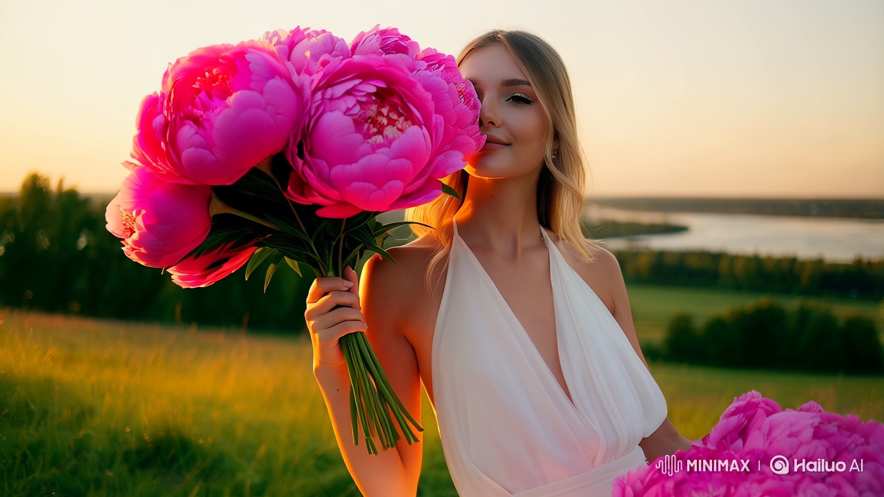 Young Woman in Flowing Dress with Peonies, Golden Hour Photoshoot