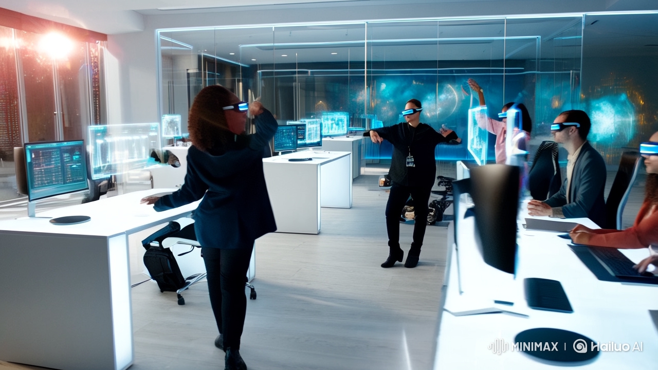 Futuristic AI Office: High-Tech Workspace Showcases Human-AI Collaboration