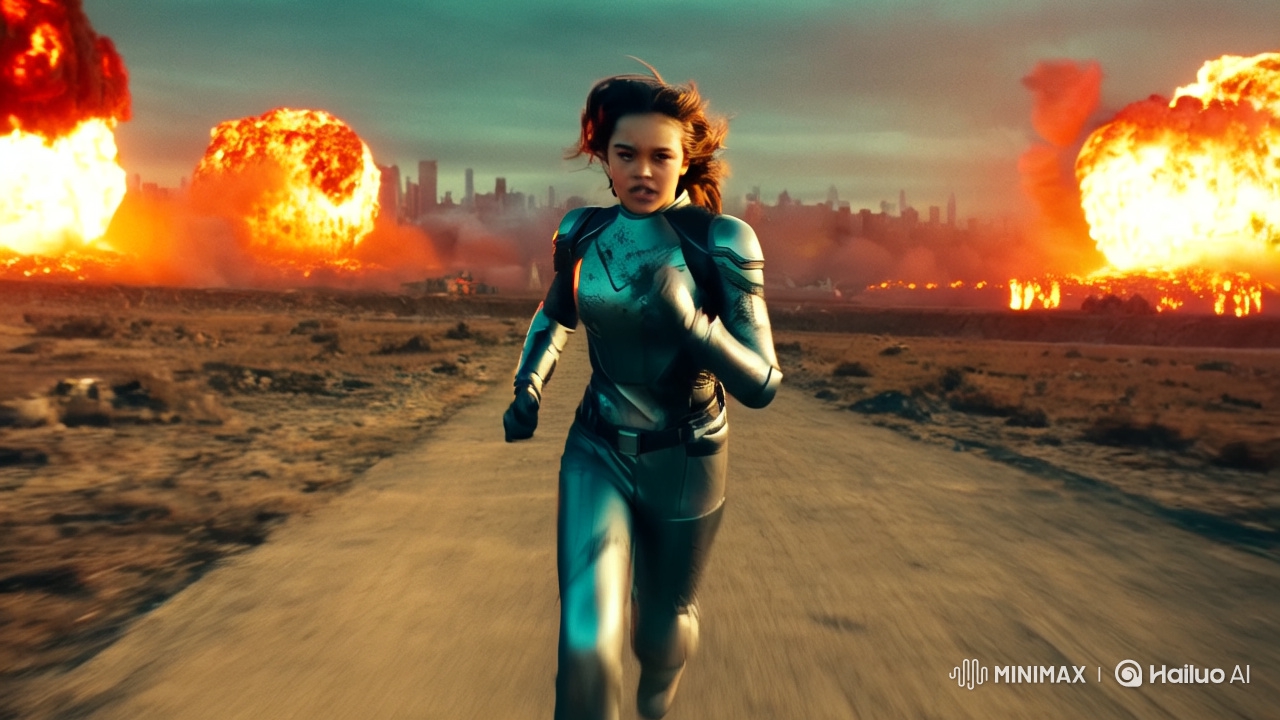 Futuristic Warrior Sprints Through Wasteland Amidst Chaos