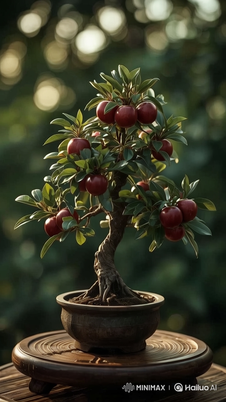 Ultra-Realistic 4K Macro Shot of Red Apple Bonsai on Wooden Platform