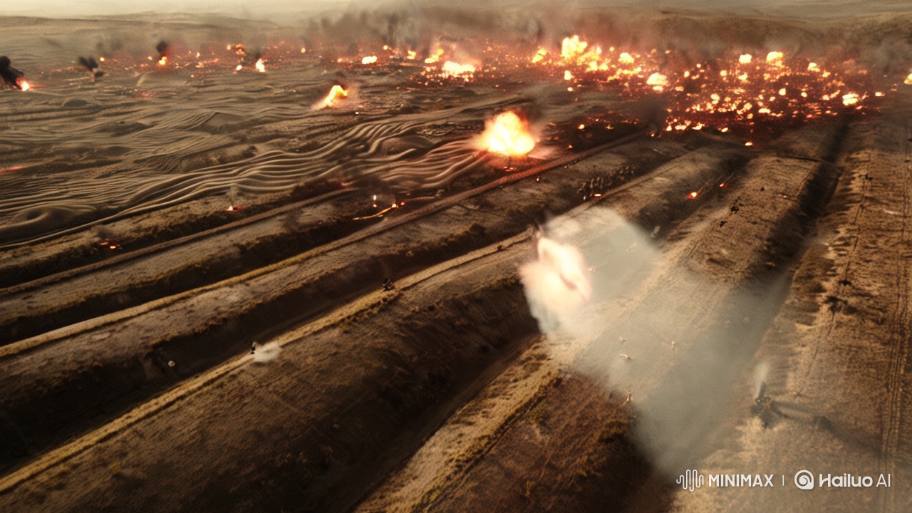 Aerial Battle Pan: Intense Conflict Amidst Fiery Landscape