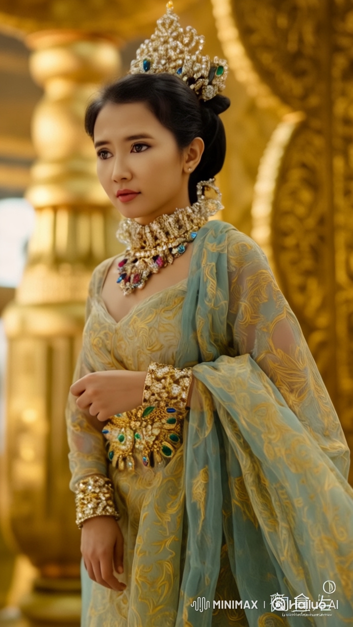 Elegant Woman in Golden Gown Amidst Regal Setting