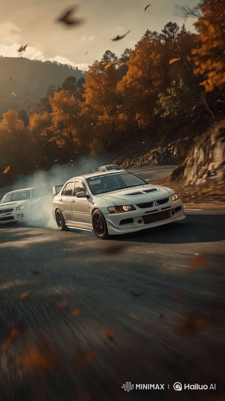 Ultra Slow-Motion Drift: Lancer Evolutions on Autumn Road
