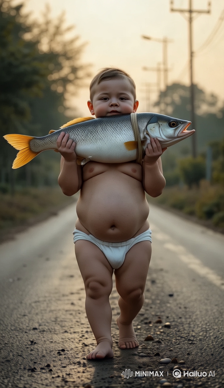 Magical Dawn: Baby Carries Giant Fish on Rural Road