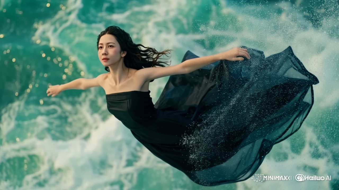 Graceful Girl Glides Over Sparkling Sea in Elegant Dress