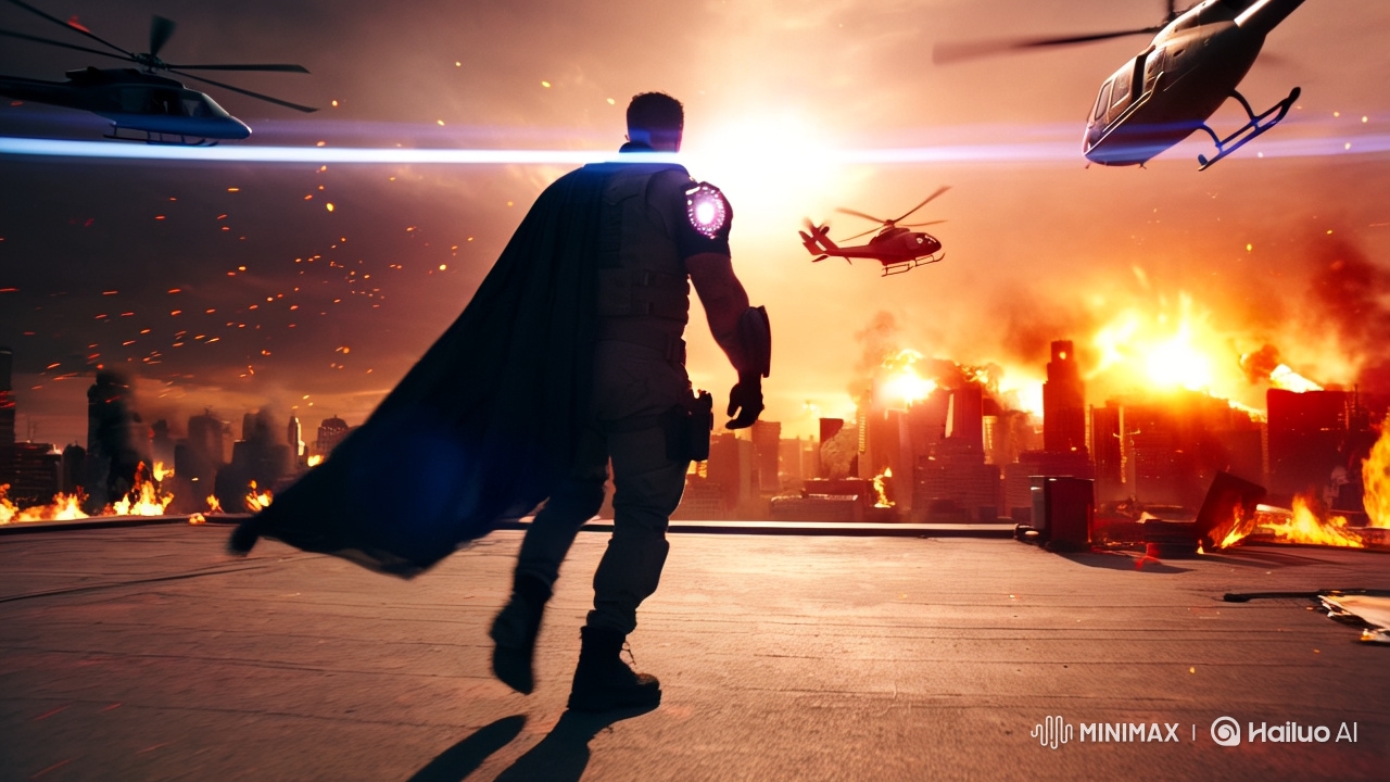 Hero Commands Rooftop in Dystopian Sunset Drama