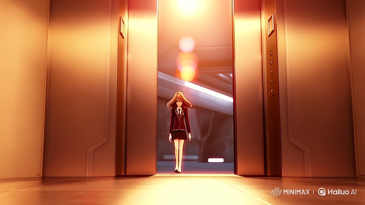 Female Protagonist Emerges in Futuristic Elevator Scene