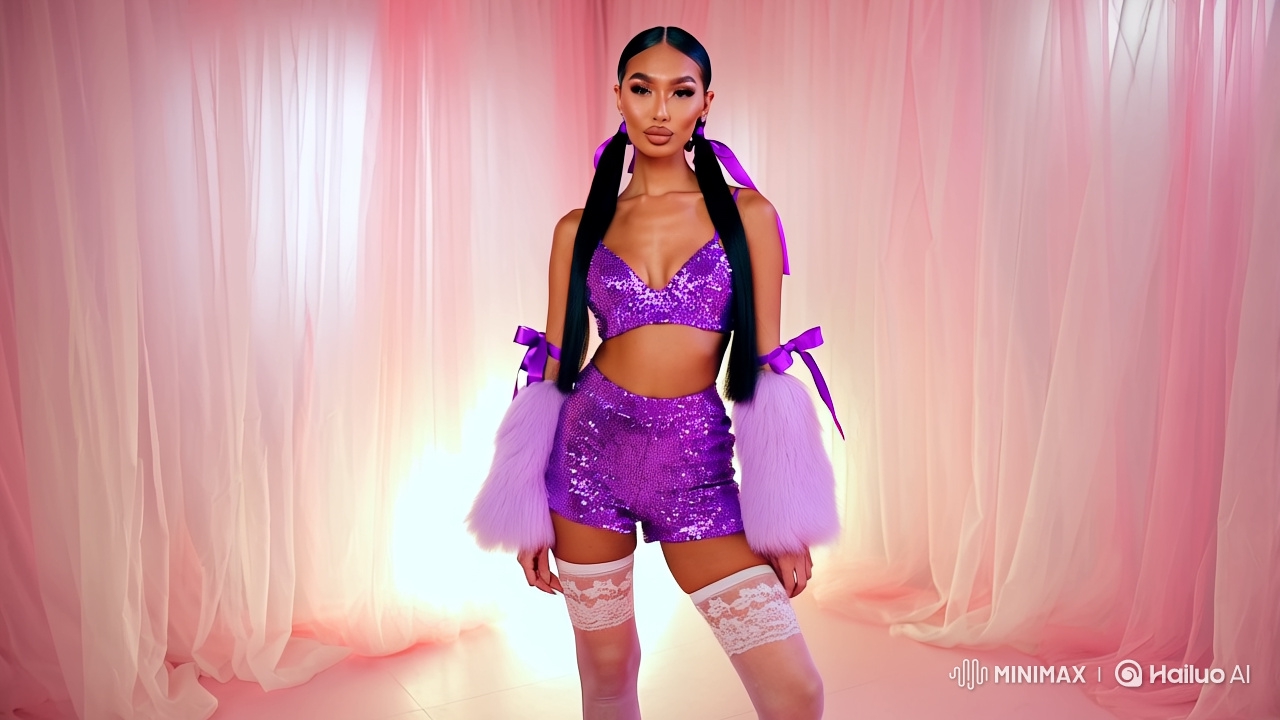 Glamorous Model Showcases Y2K Kawaii-Inspired Fashion in Pastel Studio