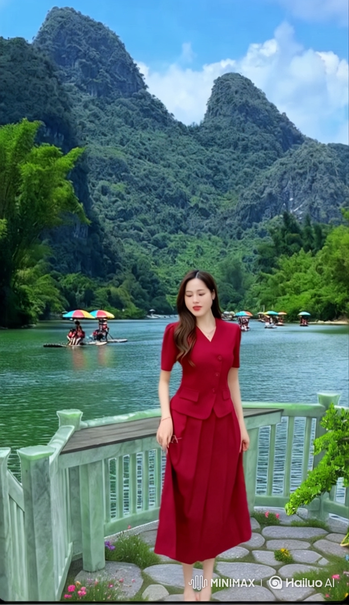 Model Showcase in Vibrant Red Outfit with Lush Landscape