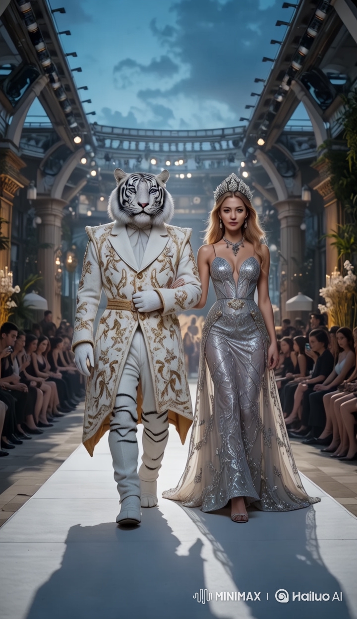 White Tiger and Woman Strut Runway in Grand Fashion Spectacle