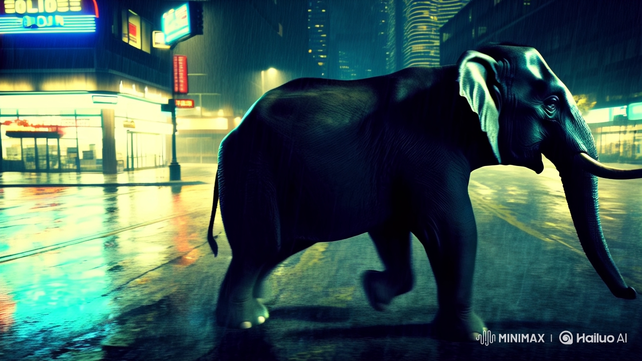 Lonely Elephant in Rainy City: Cinematic Night Scene