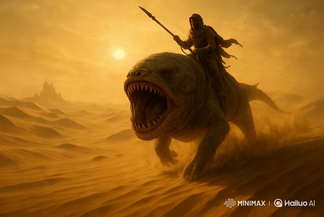 Desert Warrior Confronts Sand Beast Near Fortress