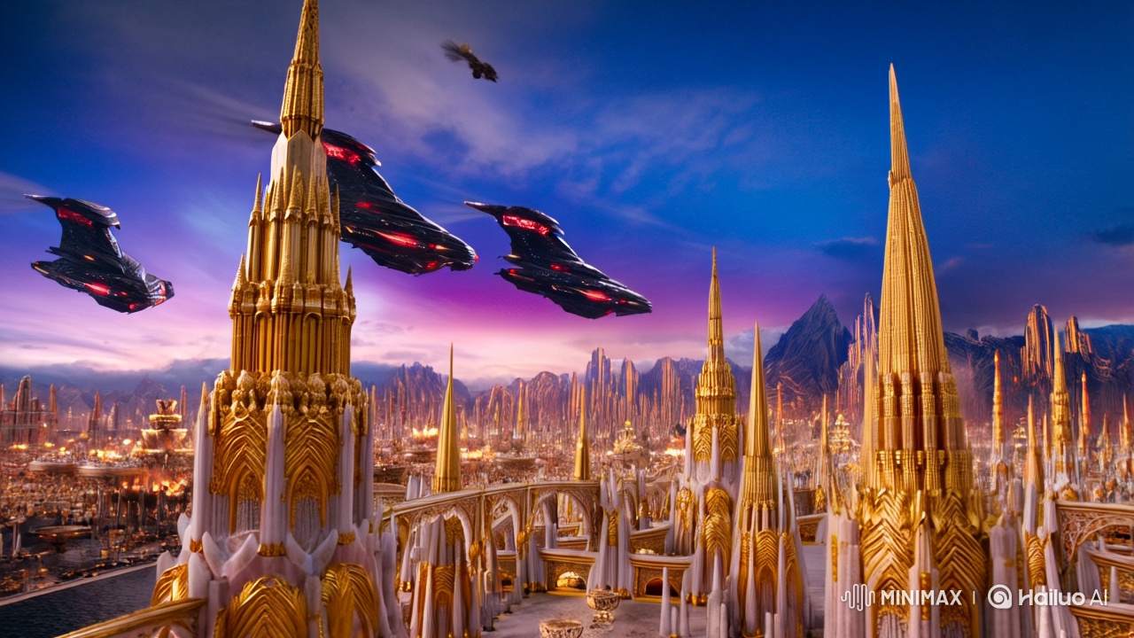 Sacred Alien City Attacked by Warships in Cinematic Twilight