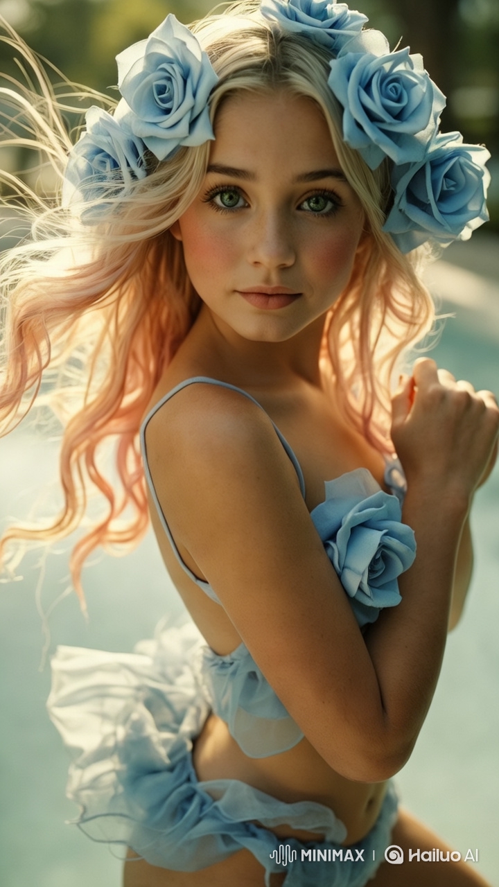 Woman in Blue Dress Runs Playfully in Golden Meadow