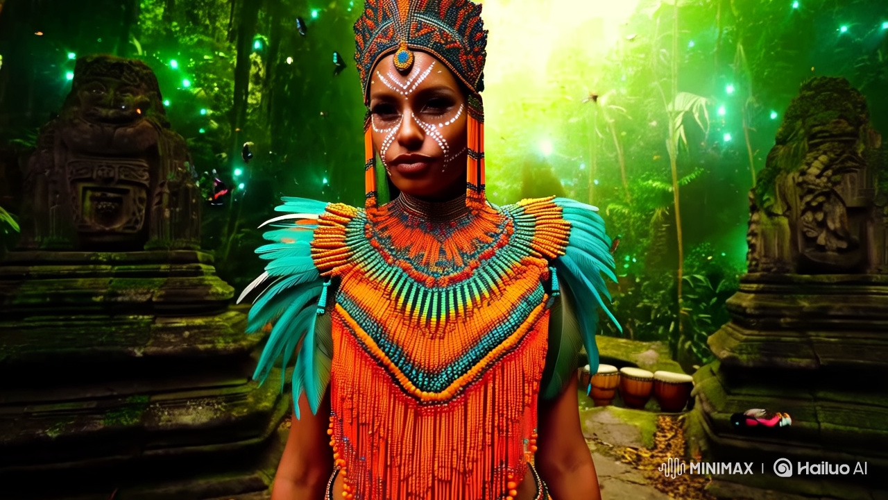 Tribal-Inspired Fashion Model in Jungle Temple Setting