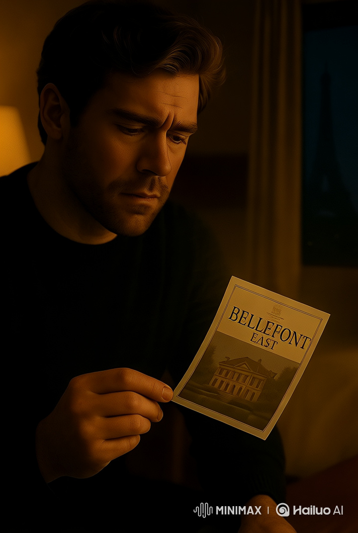 Pensive Young Man Reflects on 'Bellefont East' Flyer in Dimly Lit Room
