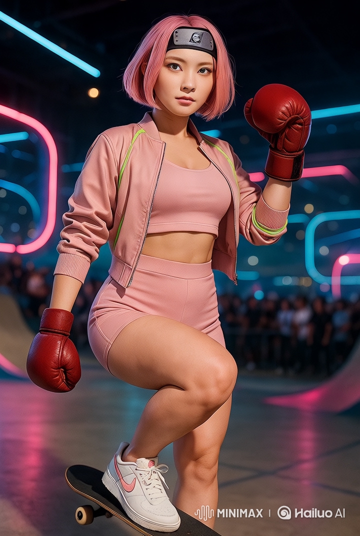Pink-haired kunoichi showcases strength in neon skatepark scene