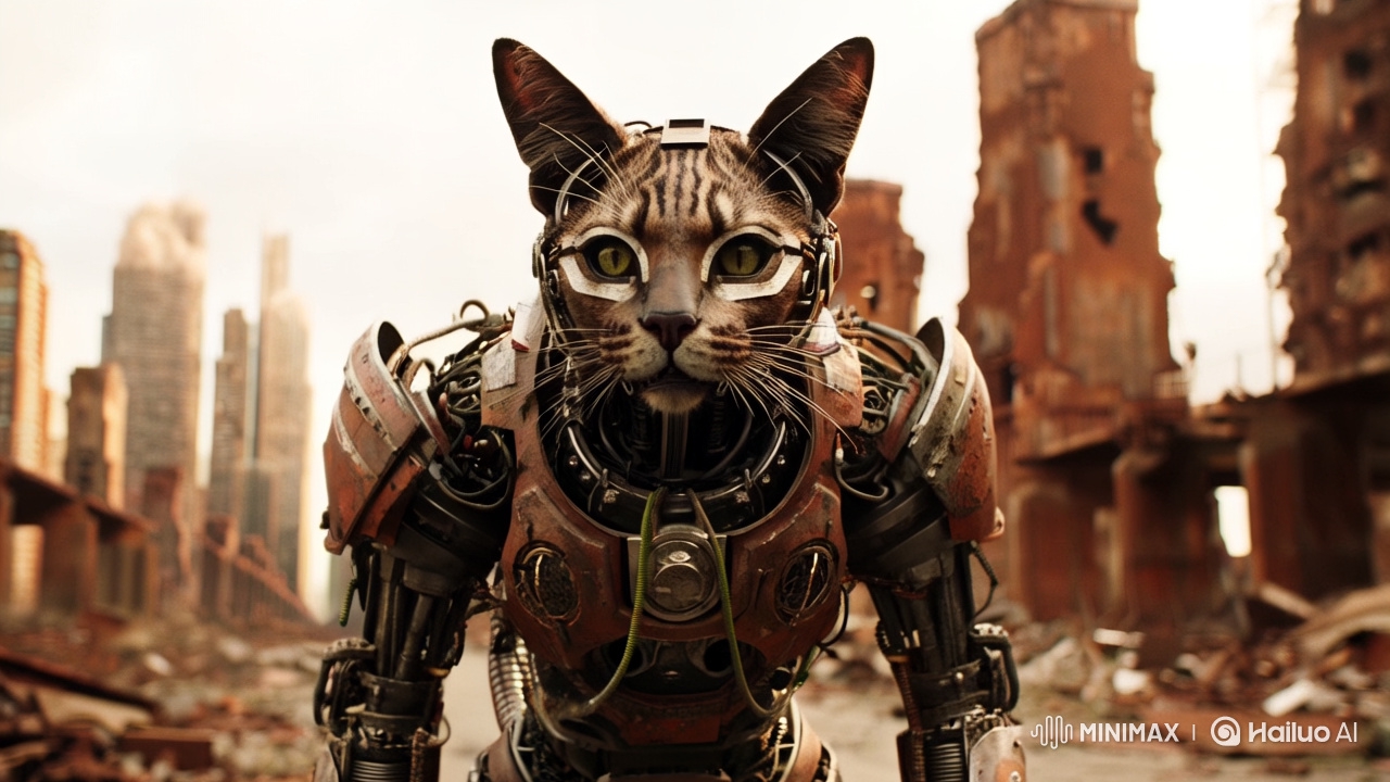 Post-Apocalyptic Cat Cyborg Strides Through Rusty Cityscape
